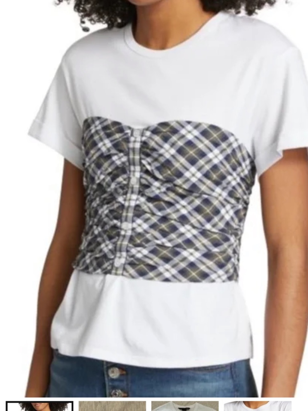 Veronica Beard White Short-Sleeve Tee with Navy Plaid Bustier Overlay